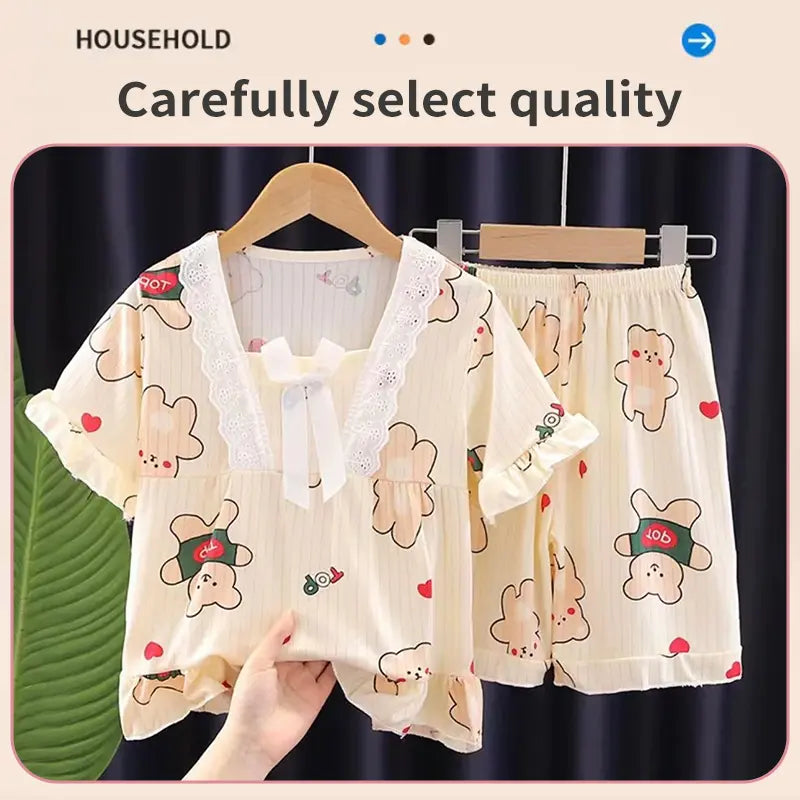 Girls Summer Short-Sleeved Shorts Pajamas Set