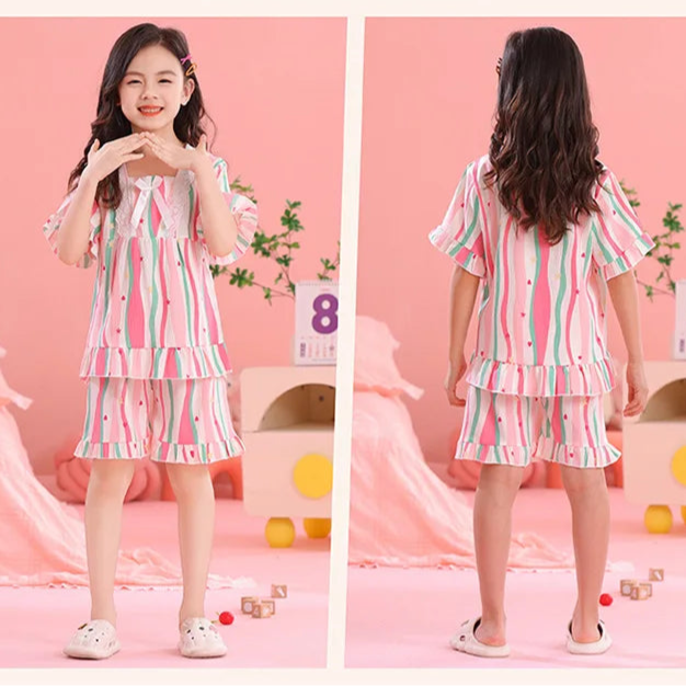 Girls Summer Short-Sleeved Shorts Pajamas Set