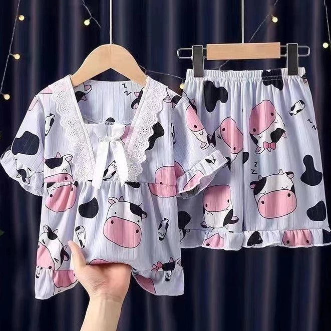Girls Summer Short-Sleeved Shorts Pajamas Set