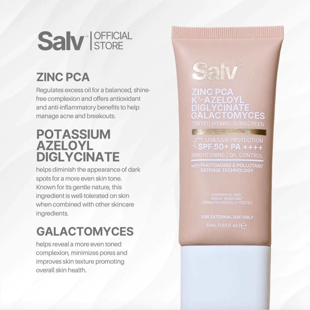 SALV Zinc PCA + K19 - Azeloyl Diglycinate + Galactomyces 3 in 1 Tinted Hybrid Sunscreen SPF 50+ PA++