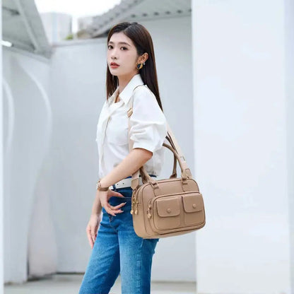 Multi-Pocket Leather Shoulder Bag