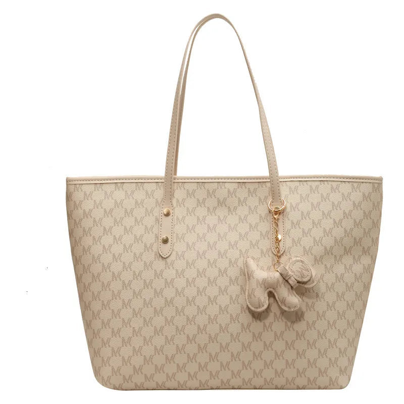 Large Capacity Leather Tote Bag with Dog Keychain