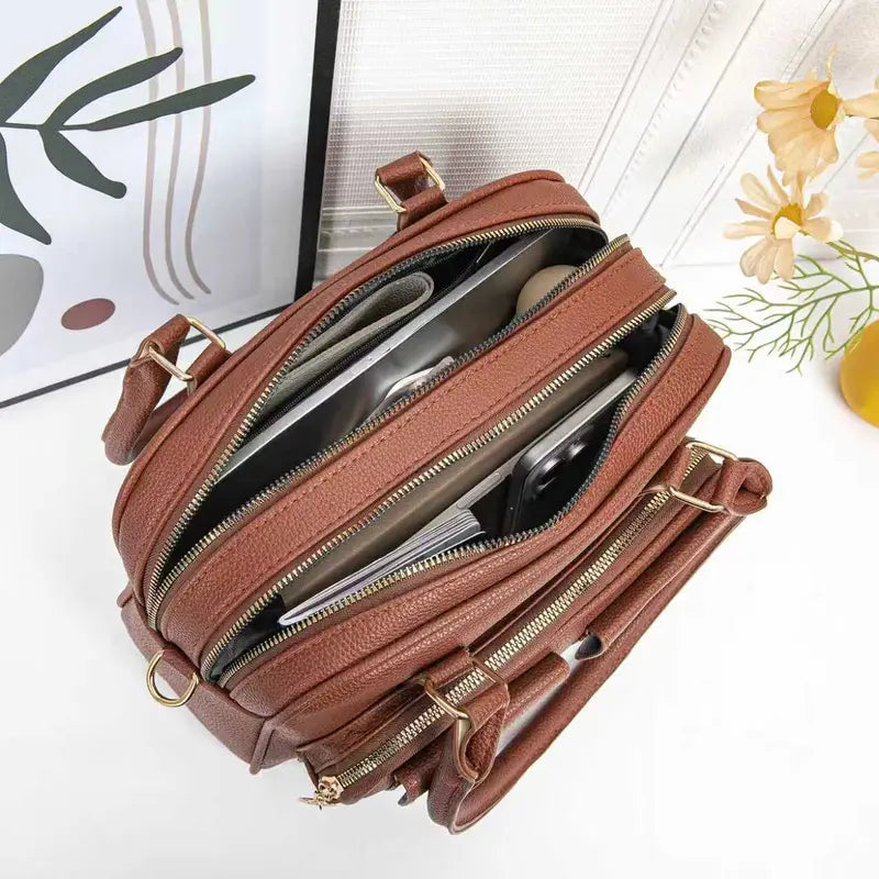 Multi-Pocket Leather Shoulder Bag