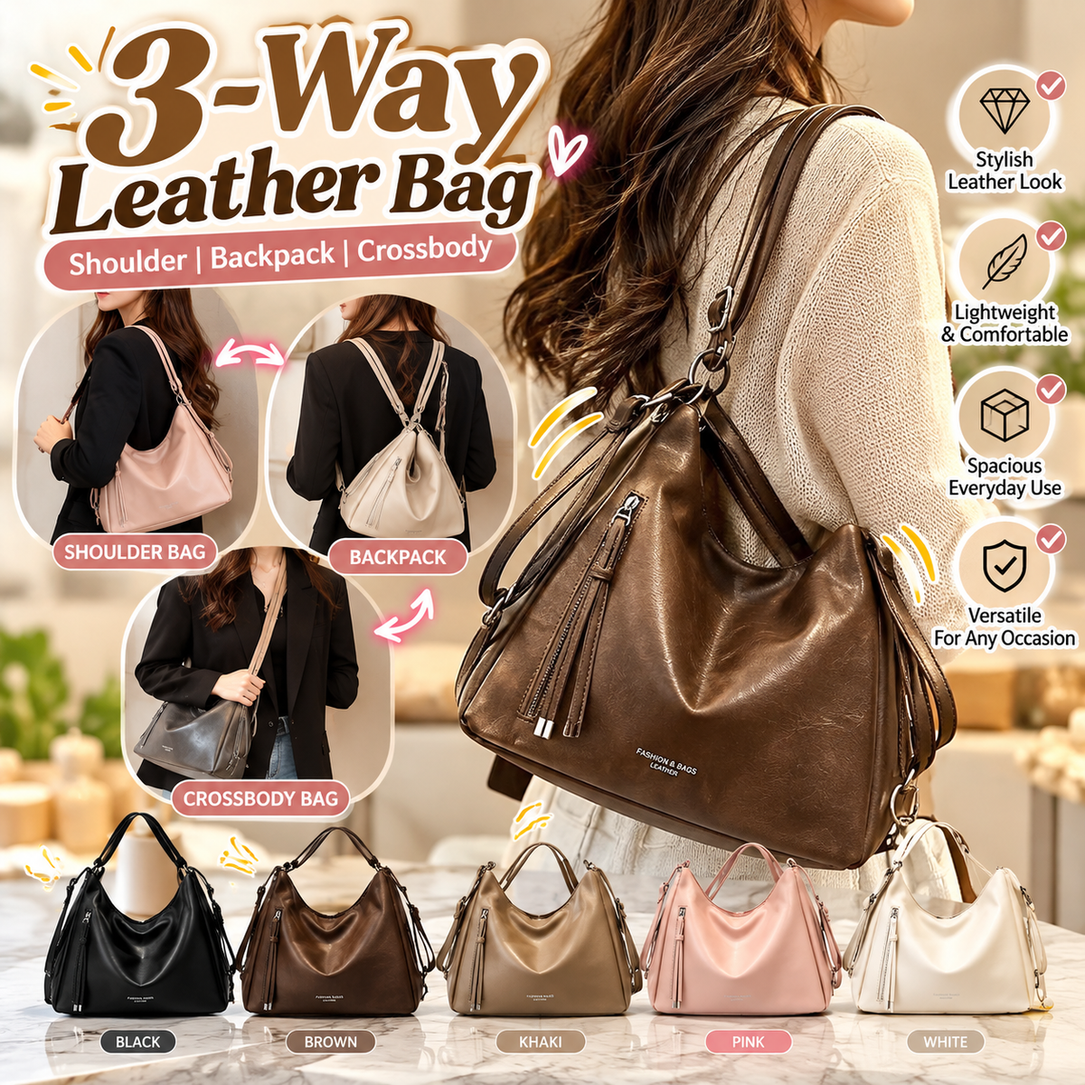 3-Way Leather Bag (Shoulder | Backpack | Crossbody)