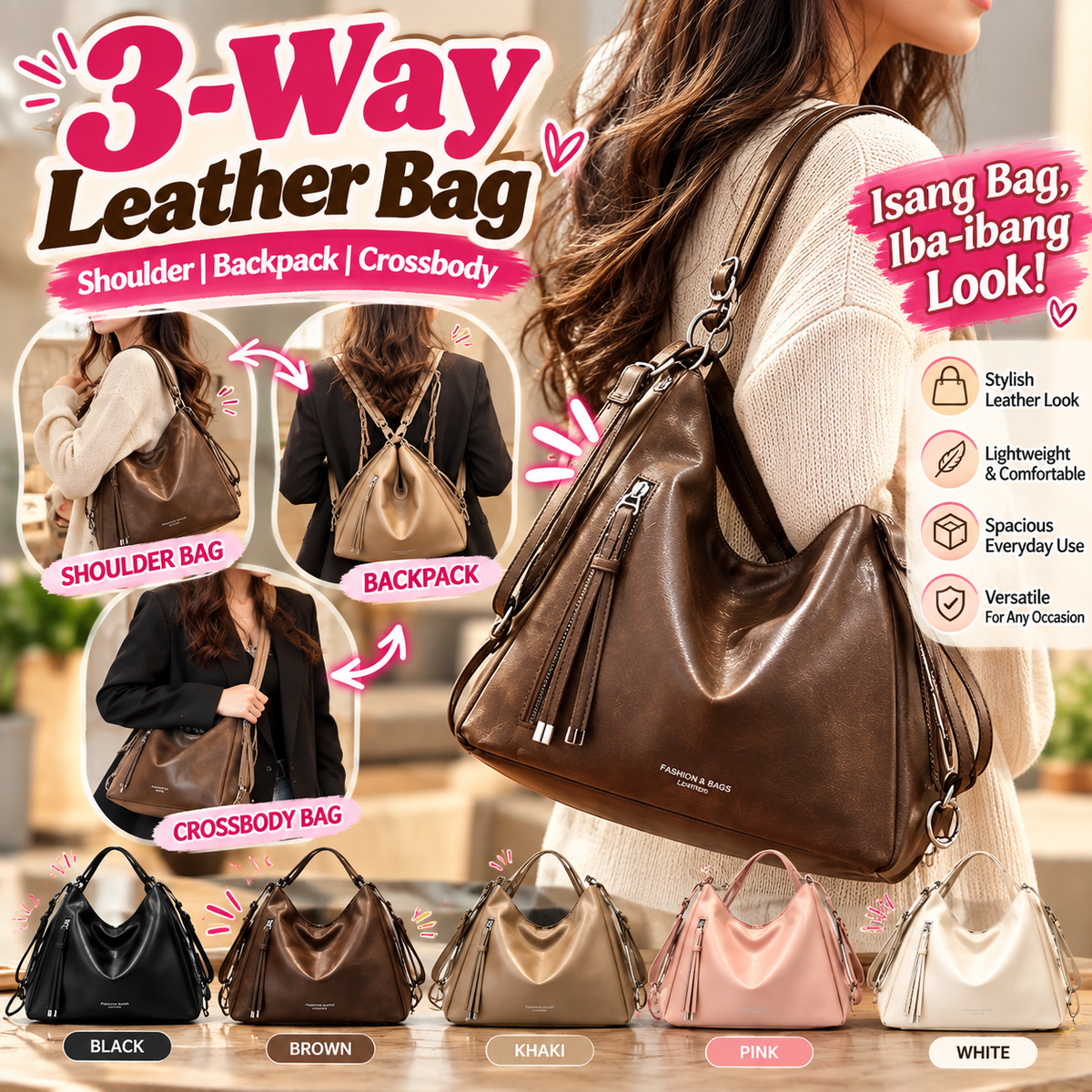 3-Way Leather Bag (Shoulder | Backpack | Crossbody)