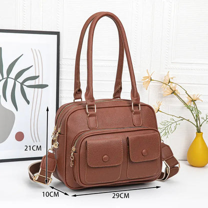 Multi-Pocket Leather Shoulder Bag