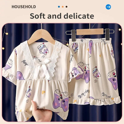 Girls Summer Short-Sleeved Shorts Pajamas Set