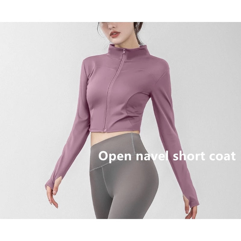 Women's Long Sleeve Stand Collar Zip Up Crop Top Activewear Jacket