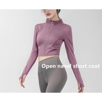 Women's Long Sleeve Stand Collar Zip Up Crop Top Activewear Jacket