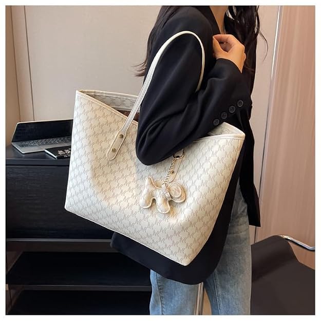 Large Capacity Leather Tote Bag with Dog Keychain