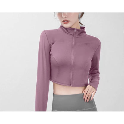 Women's Long Sleeve Stand Collar Zip Up Crop Top Activewear Jacket