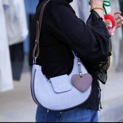 Denim Heart Charm Shoulder Bag