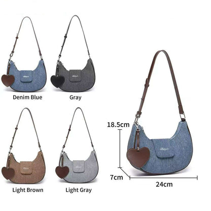 Denim Heart Charm Shoulder Bag