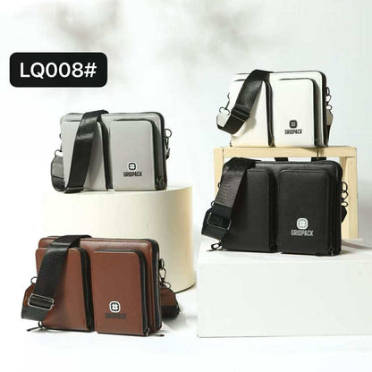 Men's High-End Plain Leather Sling Bag With Two-Zipper Front Pocket