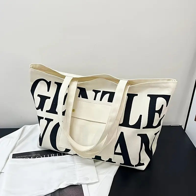 GW Large Capacity Letter Printed Canvas Tote Bag