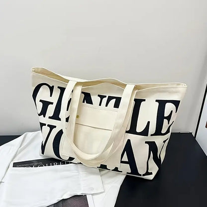 GW Large Capacity Letter Printed Canvas Tote Bag