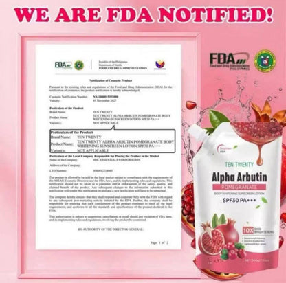 TEN TWENTY Alpha Arbutin Pomegranate Body Whitening Sunscreen Lotion SPF30 PA+++ 200g