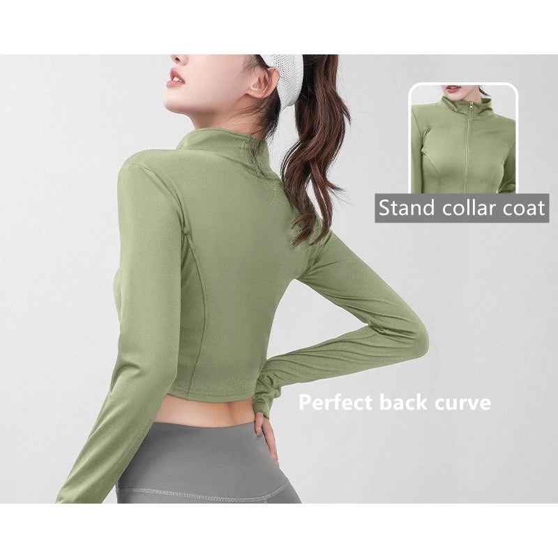 Women's Long Sleeve Stand Collar Zip Up Crop Top Activewear Jacket