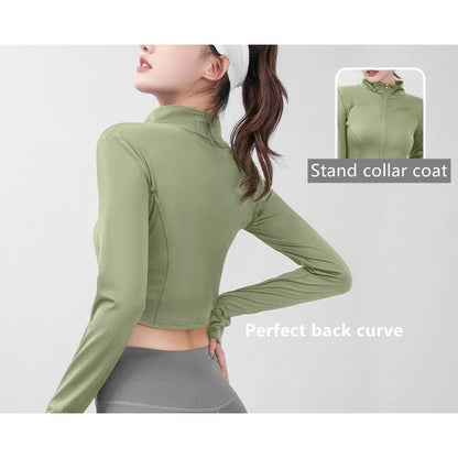 Women's Long Sleeve Stand Collar Zip Up Crop Top Activewear Jacket