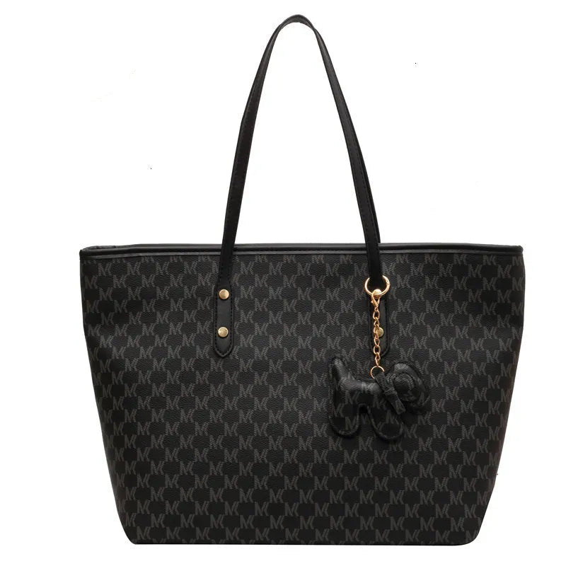 Large Capacity Leather Tote Bag with Dog Keychain