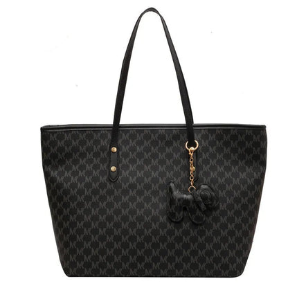 Large Capacity Leather Tote Bag with Dog Keychain