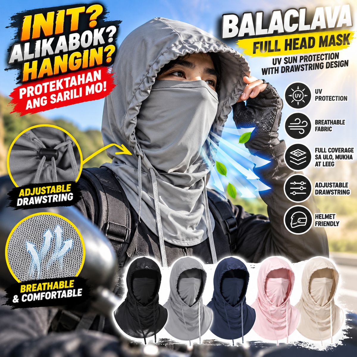 Balaclava Breathable UV Sun Protection Full Head Mask with Drawstring Design