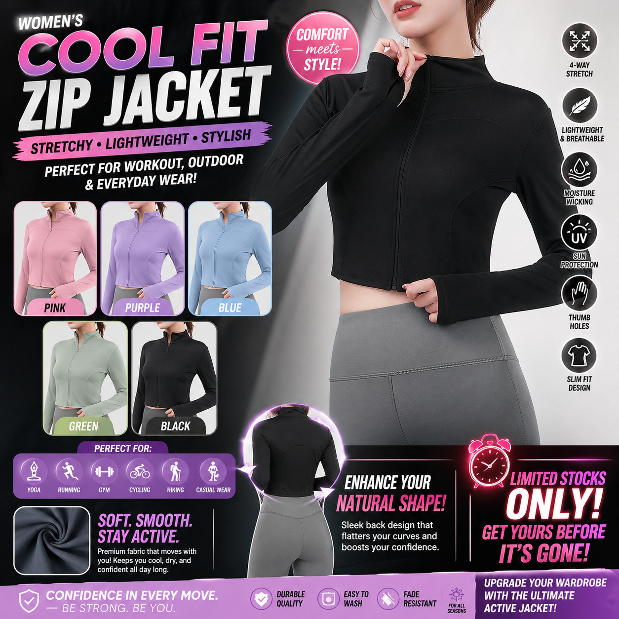 Women's Long Sleeve Stand Collar Zip Up Crop Top Activewear Jacket