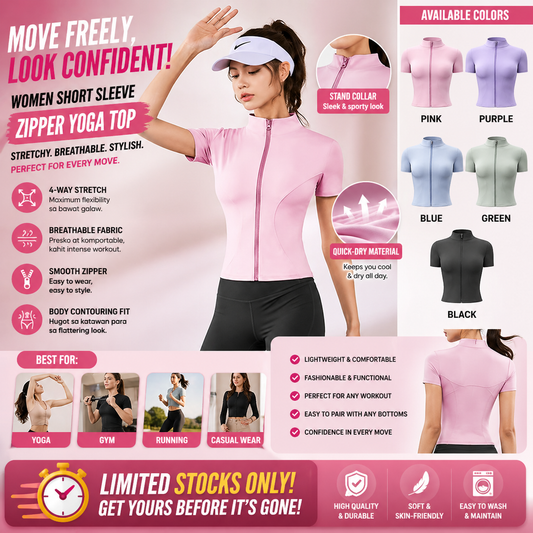 Women Short Sleeve Zipper Yoga Top