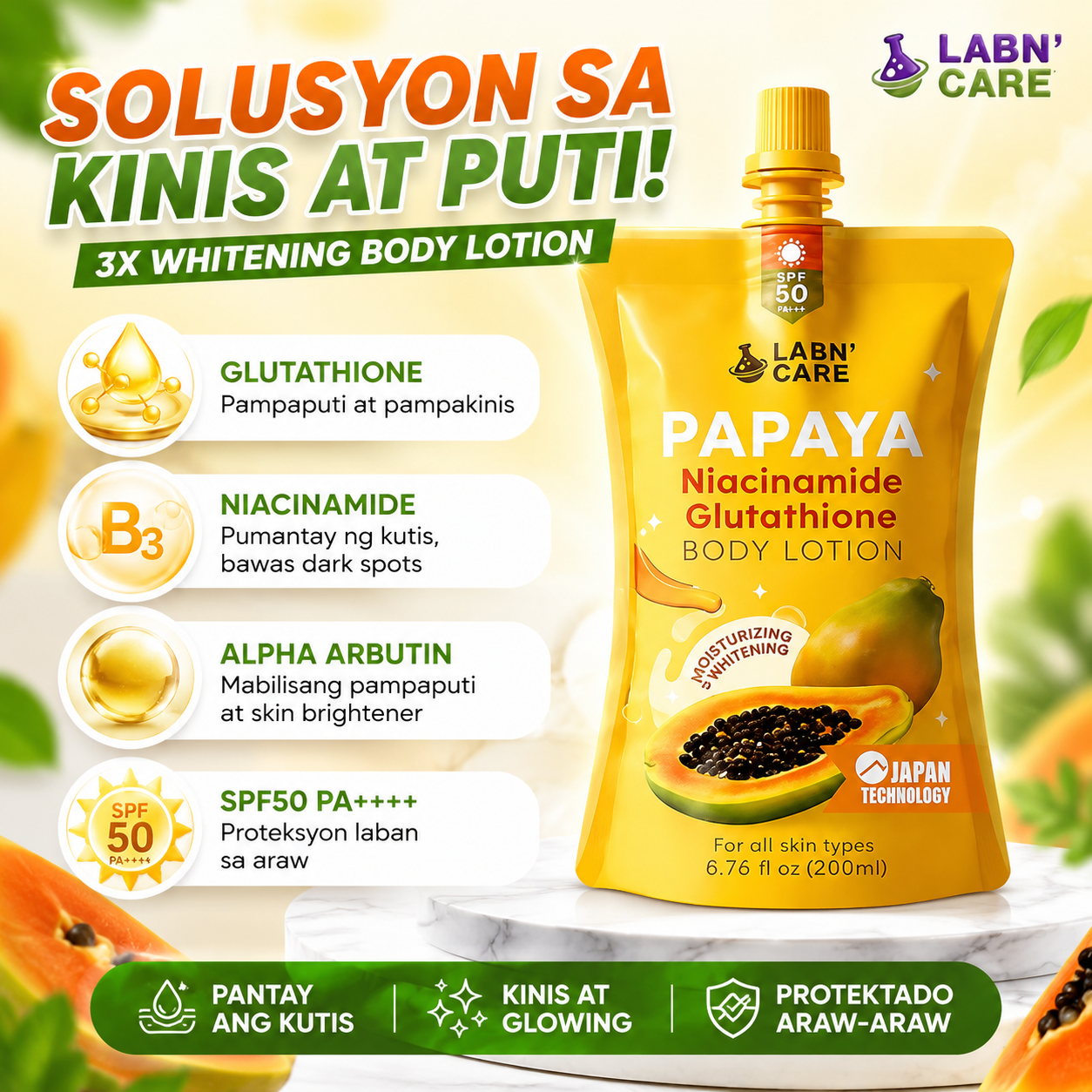 LABN' CARE Papaya Niacinamide Glutathione Body Lotion SPF 50 PA+++
