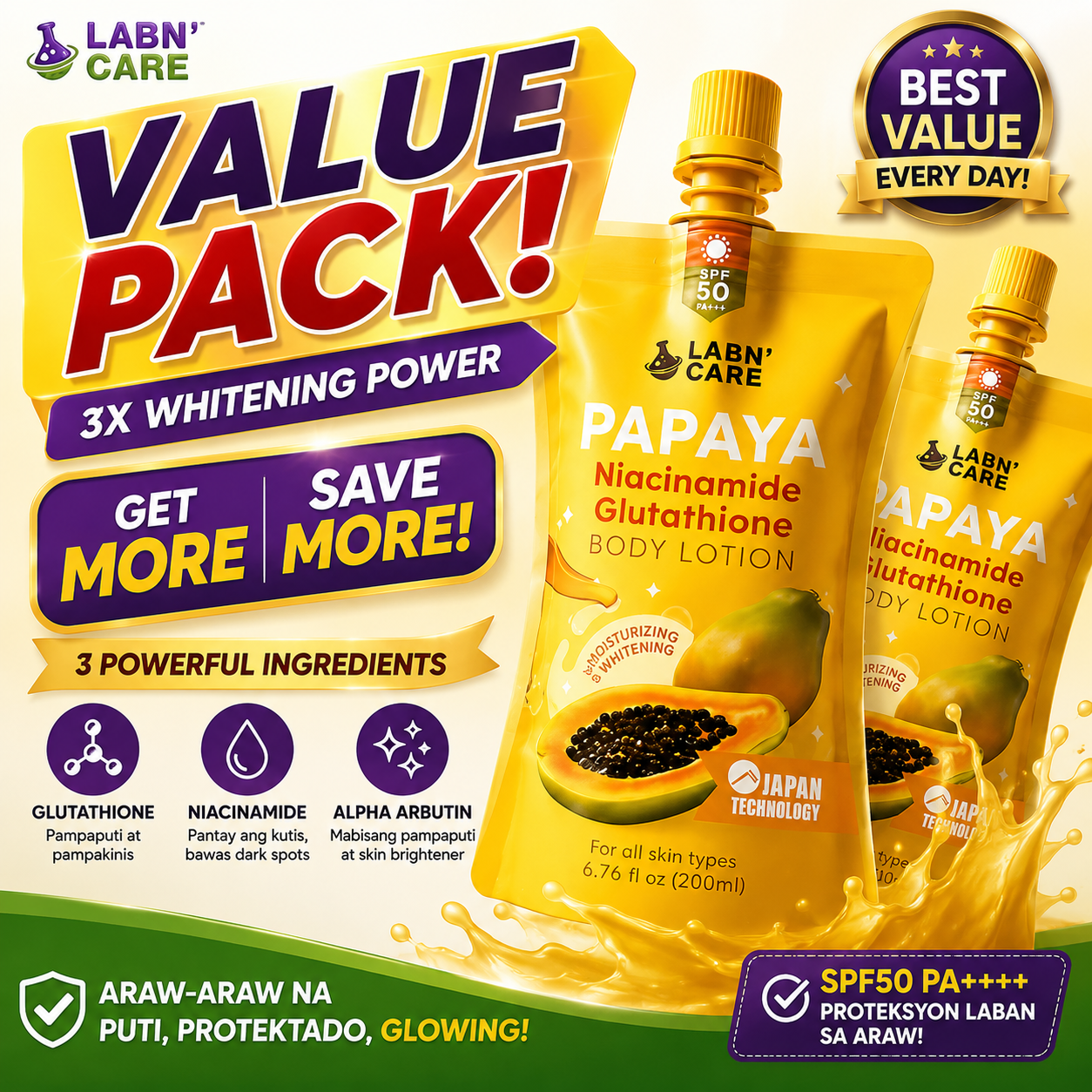LABN' CARE Papaya Niacinamide Glutathione Body Lotion SPF 50 PA+++