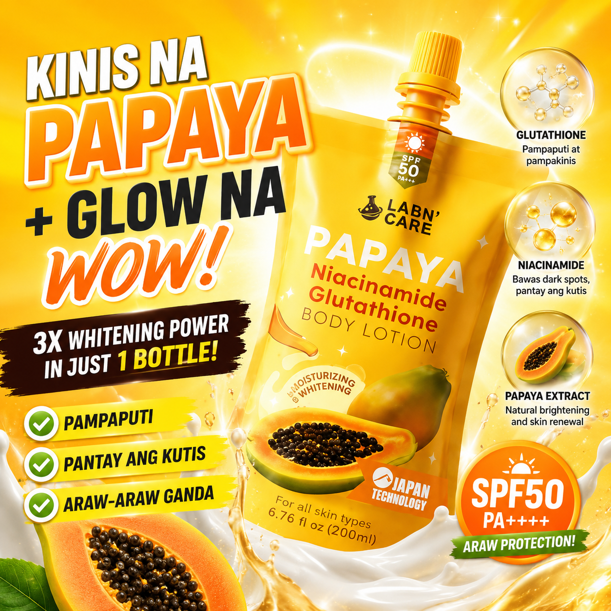 LABN' CARE Papaya Niacinamide Glutathione Body Lotion SPF 50 PA+++