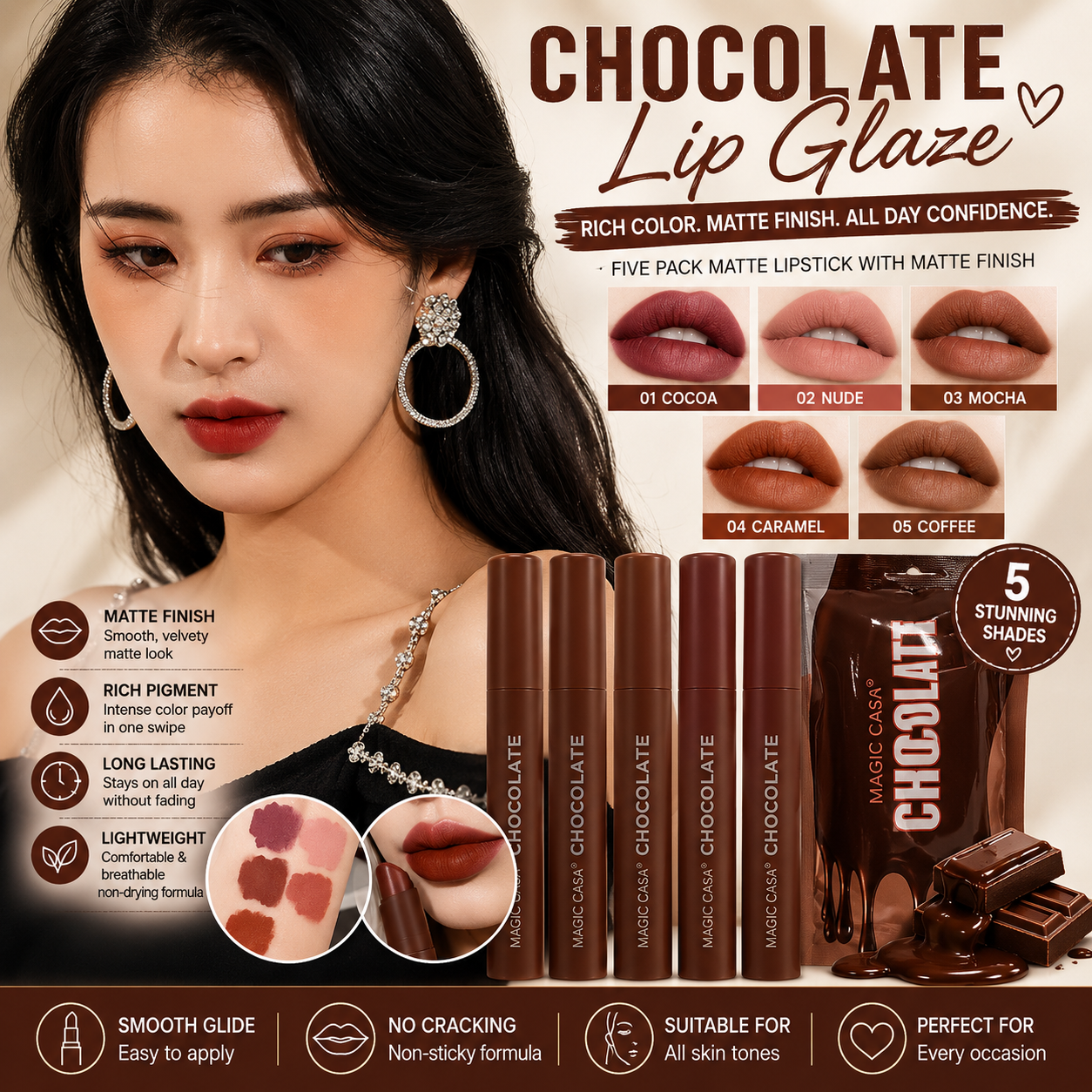 MAGIC CASA 5PCS Chocolate Matte Lip Glaze Set