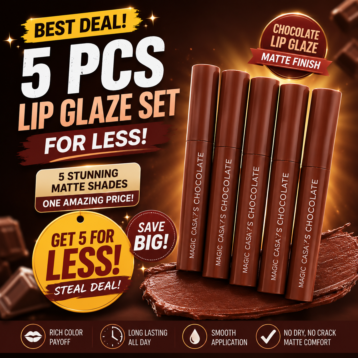 MAGIC CASA 5PCS Chocolate Matte Lip Glaze Set