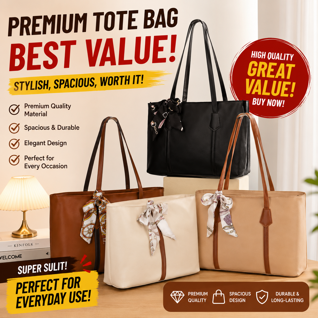 Large Capacity Tote Bag with Silk Ribbon