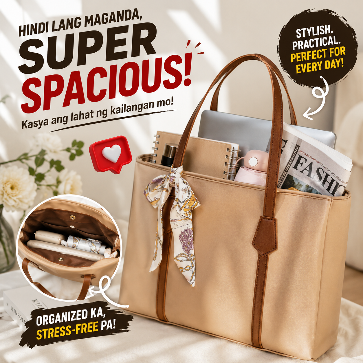 Large Capacity Tote Bag with Silk Ribbon