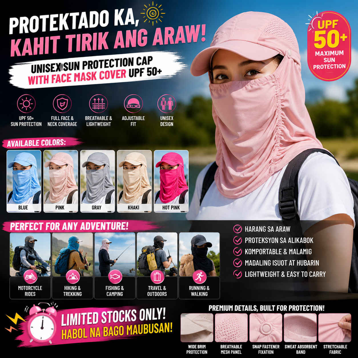 Unisex Sun Protection Cap with Face Mask Cover UPF 50+