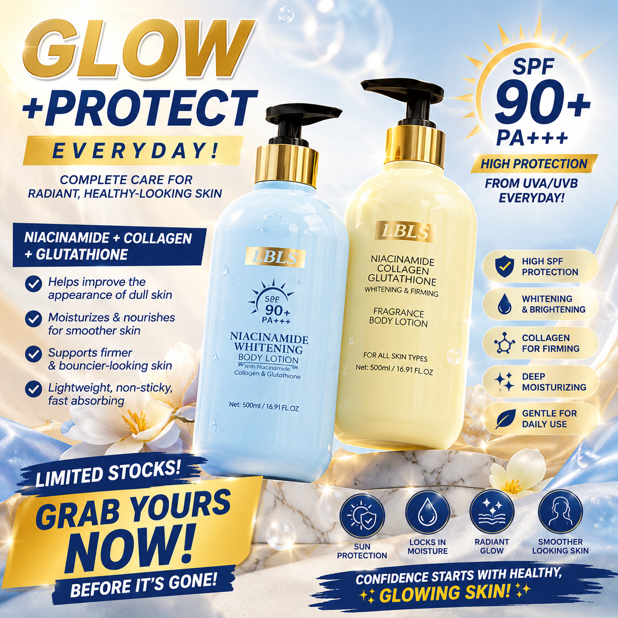 LBLS Niacinamide Whitening SPF 90+ PA+++ & Niacinamide Collagen Glutathione Body Lotion