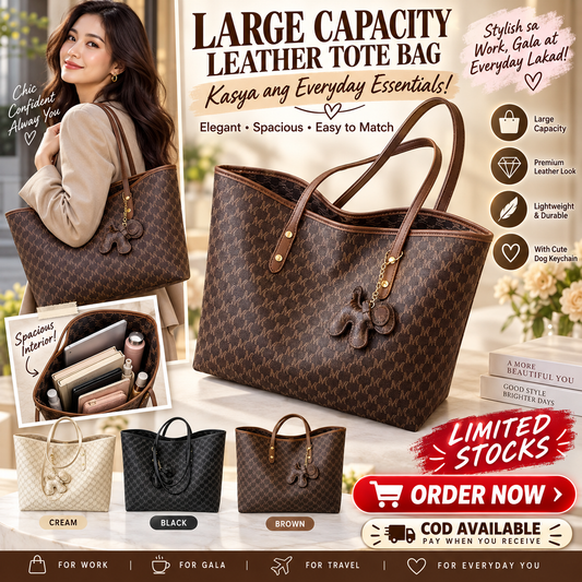 Large Capacity Leather Tote Bag with Dog Keychain