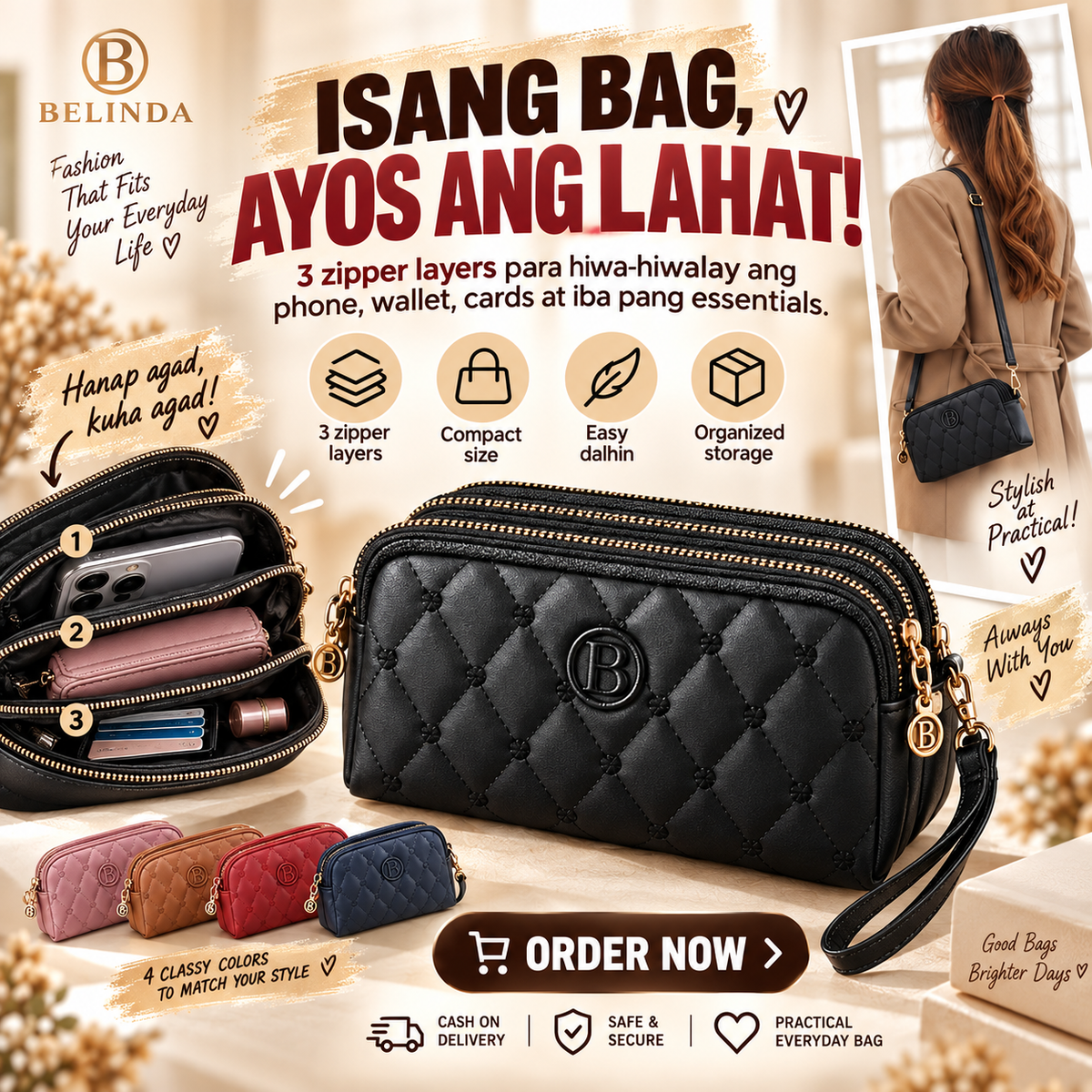 Three-layer Zipper Fashion Sling Bag