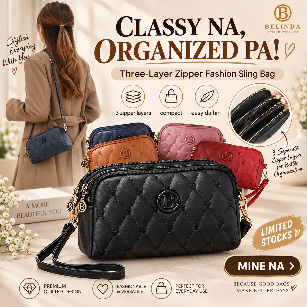 Three-layer Zipper Fashion Sling Bag