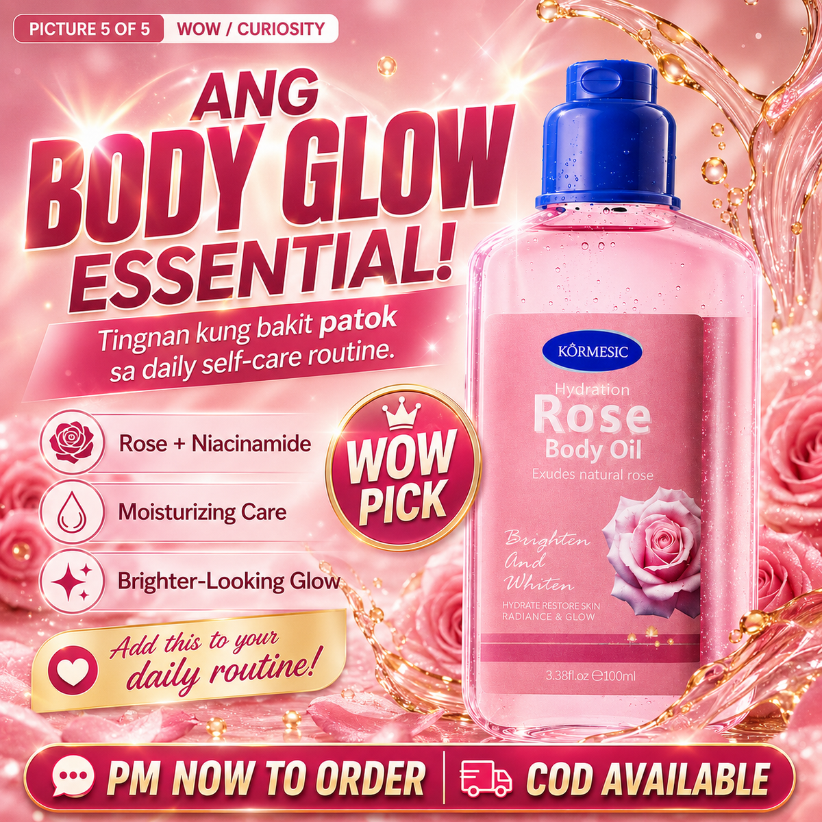 KORMESIC Rose & Niacinamide Brightening Glow Body Oil 260ml