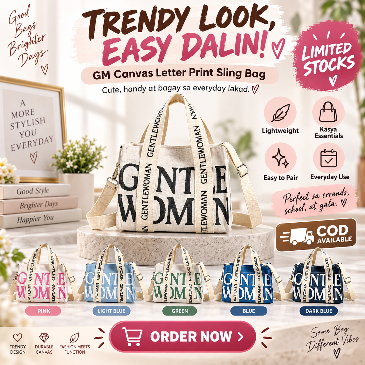 GM Trendy Canvas Letter Print Sling Bag