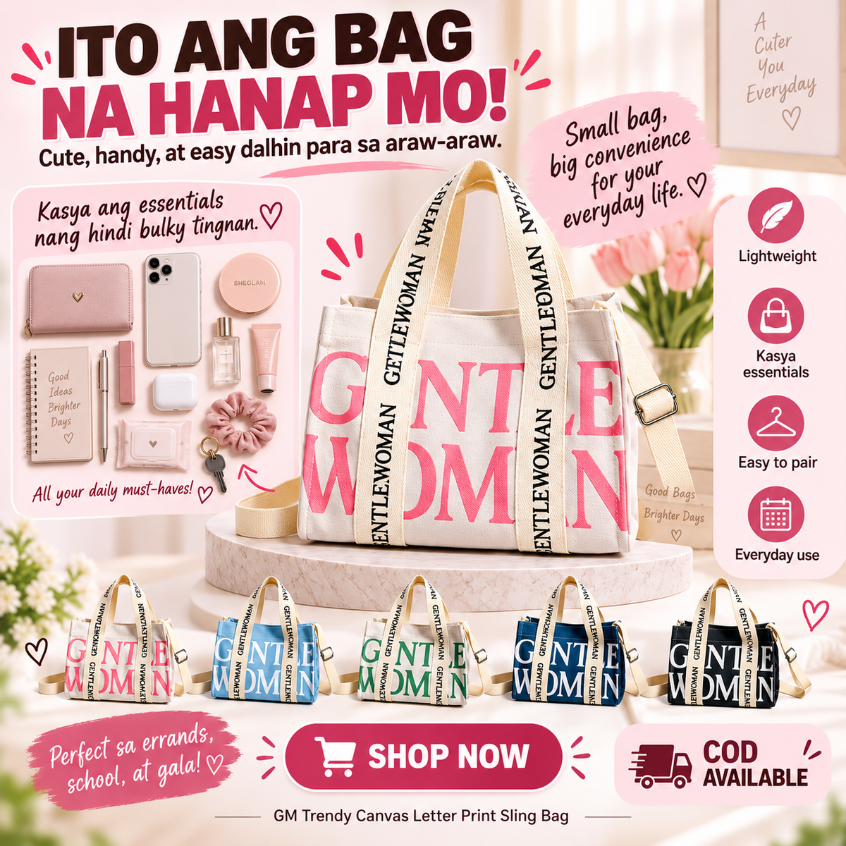 GM Trendy Canvas Letter Print Sling Bag