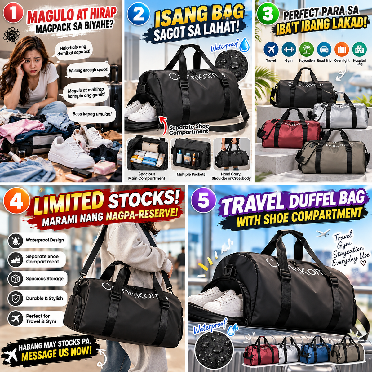 Waterproof Travel Duffel Bag with Shoe Compartment
