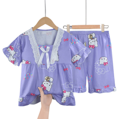 Girls Summer Short-Sleeved Shorts Pajamas Set