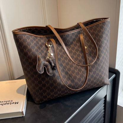 Large Capacity Leather Tote Bag with Dog Keychain