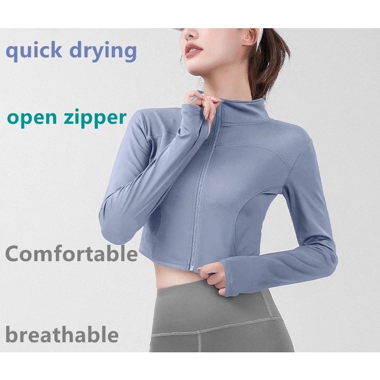 Women's Long Sleeve Stand Collar Zip Up Crop Top Activewear Jacket