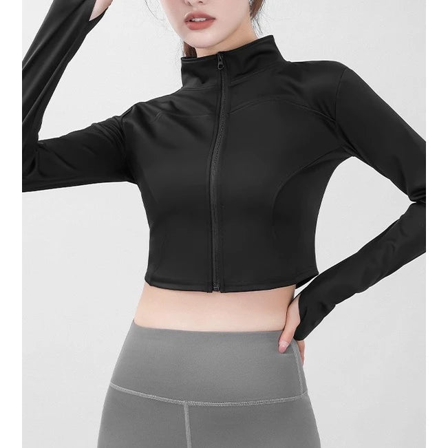 Women's Long Sleeve Stand Collar Zip Up Crop Top Activewear Jacket
