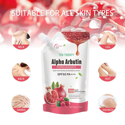 TEN TWENTY Alpha Arbutin Pomegranate Body Whitening Sunscreen Lotion SPF30 PA+++ 200g