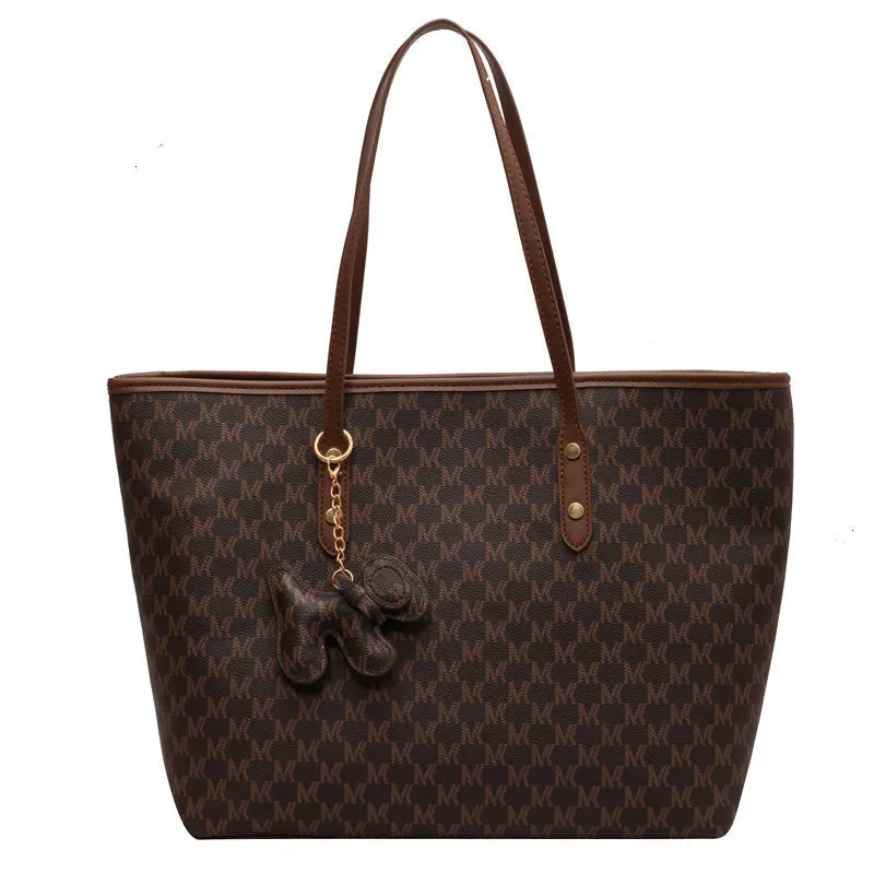 Large Capacity Leather Tote Bag with Dog Keychain